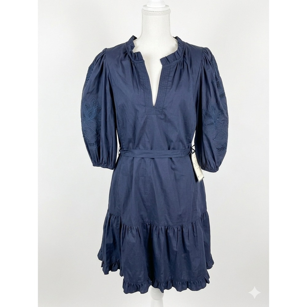 Vince Camuto Navy Blue Eyelet Puff Sleeve Tiered Cotton Mini Dress VC5M6256 14